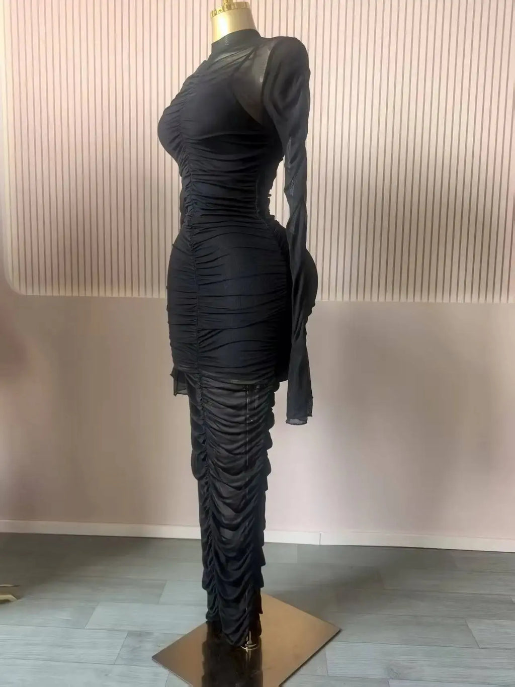CM.YAYA mujeres acampanadas de manga larga apiladas de malla fruncida transparente con vestido sin mangas Maxi vestido largo 2025 cumpleaños vestidos de fiesta sexy - SYN PERU