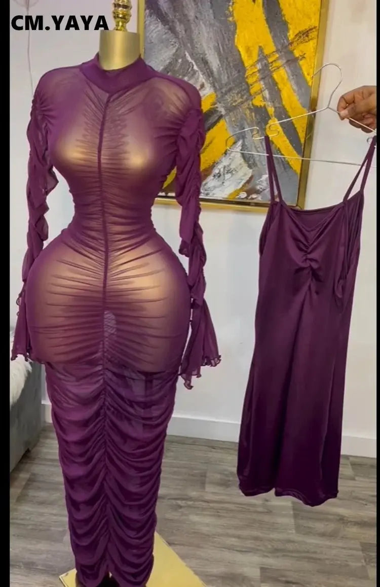 CM.YAYA mujeres acampanadas de manga larga apiladas de malla fruncida transparente con vestido sin mangas Maxi vestido largo 2025 cumpleaños vestidos de fiesta sexy - SYN PERU