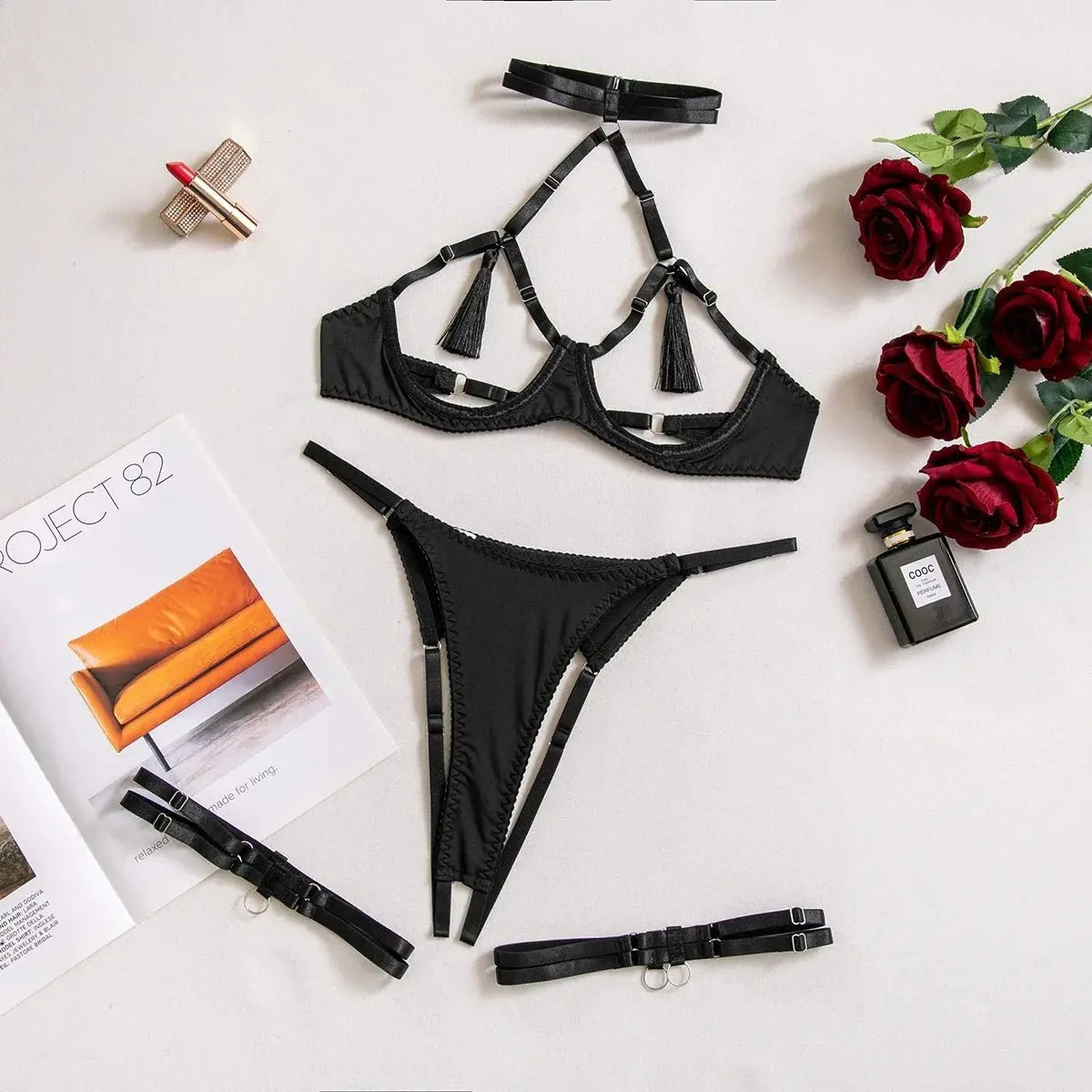 Conjunto de sujetador negro de 3 piezas para mujer, conjunto de lencería de malla transparente con retazos, conjunto de ropa interior Sexy para mujer - SYN PERU