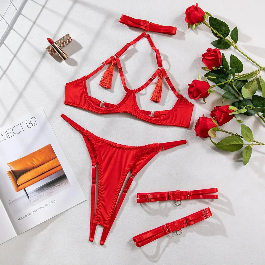 Conjunto de sujetador negro de 3 piezas para mujer, conjunto de lencería de malla transparente con retazos, conjunto de ropa interior Sexy para mujer - SYN PERU
