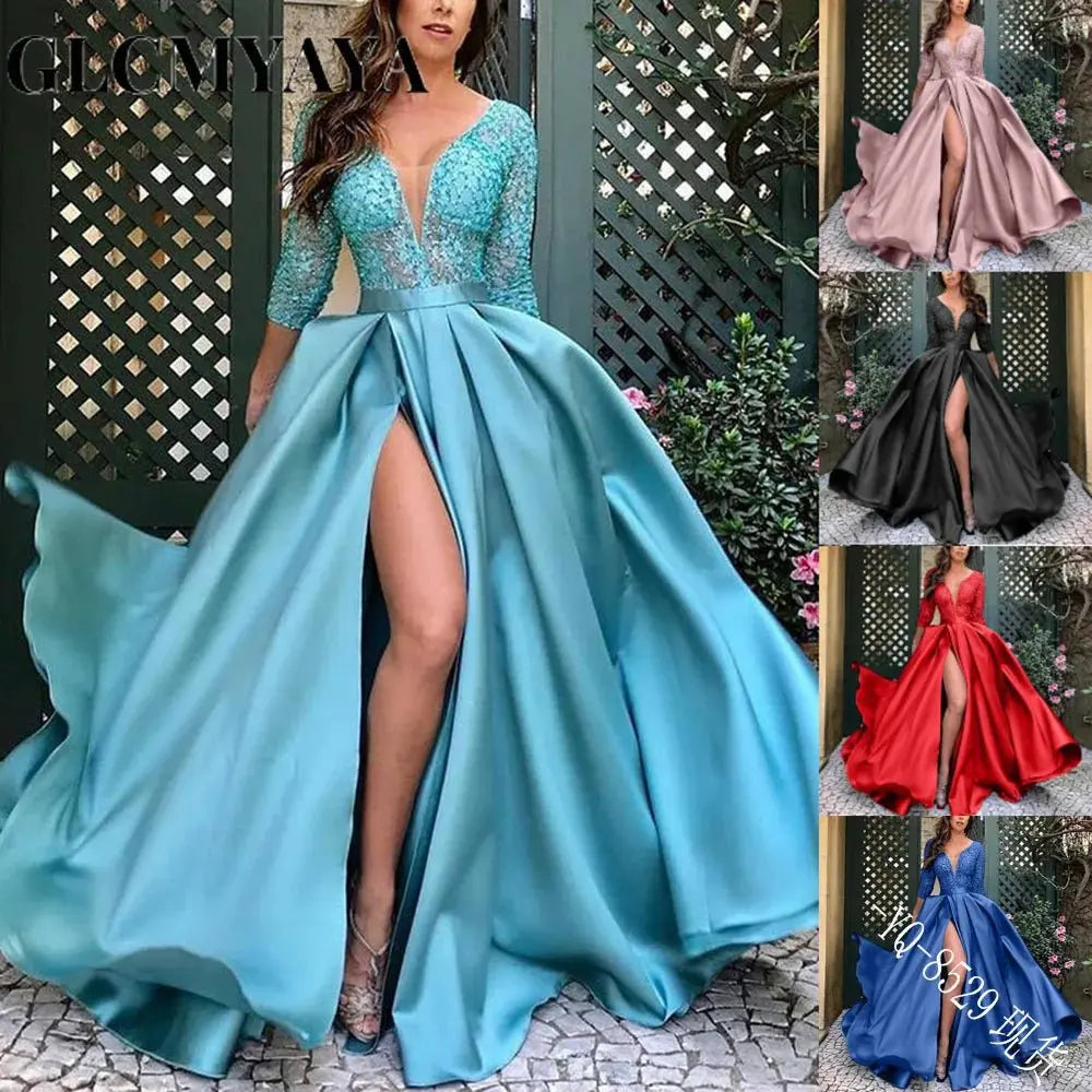 GLCMYAYA - Vestido dividido de costura de encaje delgado para mujer, manga larga, cuello en V, cintura alta, vestido de fiesta, elegante, Otoño, Sexy - SYN PERU