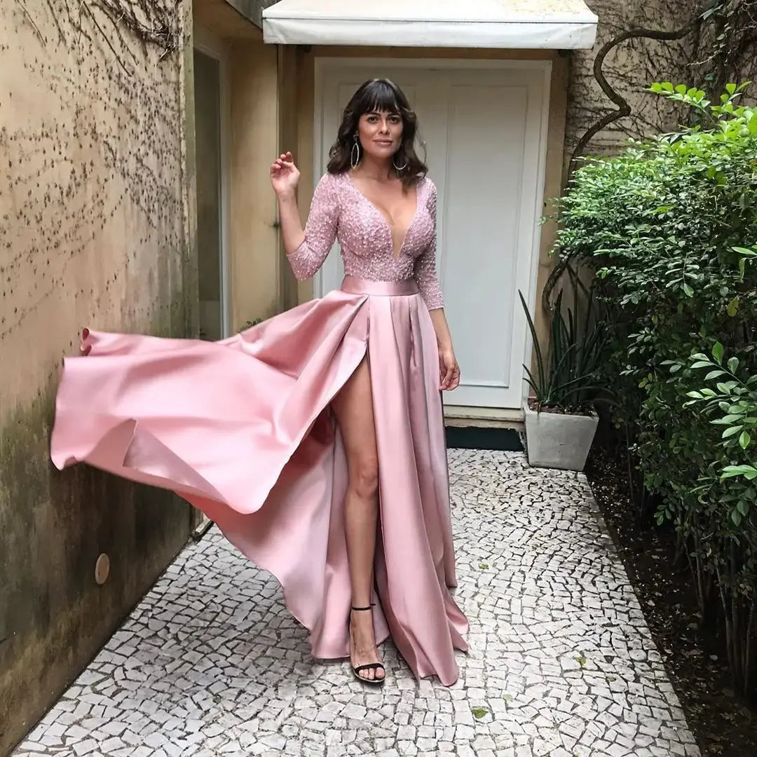 GLCMYAYA - Vestido dividido de costura de encaje delgado para mujer, manga larga, cuello en V, cintura alta, vestido de fiesta, elegante, Otoño, Sexy - SYN PERU