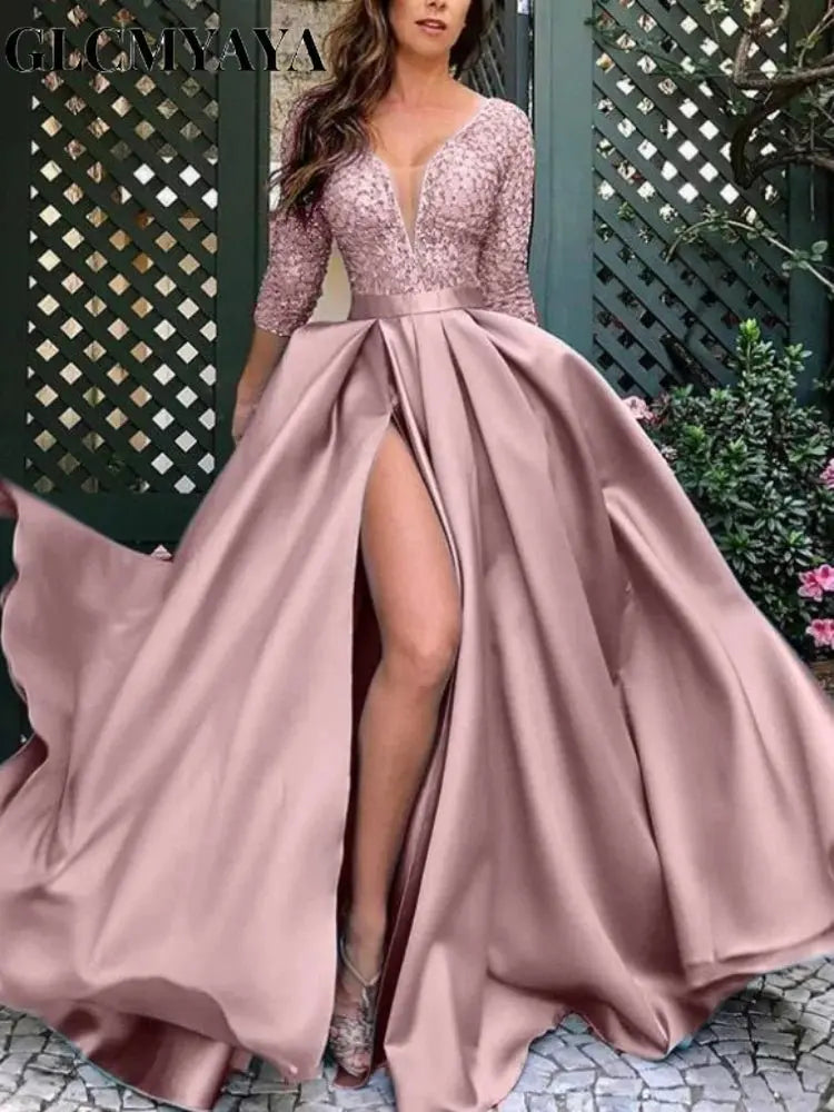 GLCMYAYA - Vestido dividido de costura de encaje delgado para mujer, manga larga, cuello en V, cintura alta, vestido de fiesta, elegante, Otoño, Sexy - SYN PERU