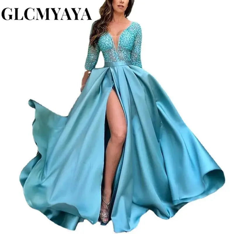 GLCMYAYA - Vestido dividido de costura de encaje delgado para mujer, manga larga, cuello en V, cintura alta, vestido de fiesta, elegante, Otoño, Sexy - SYN PERU