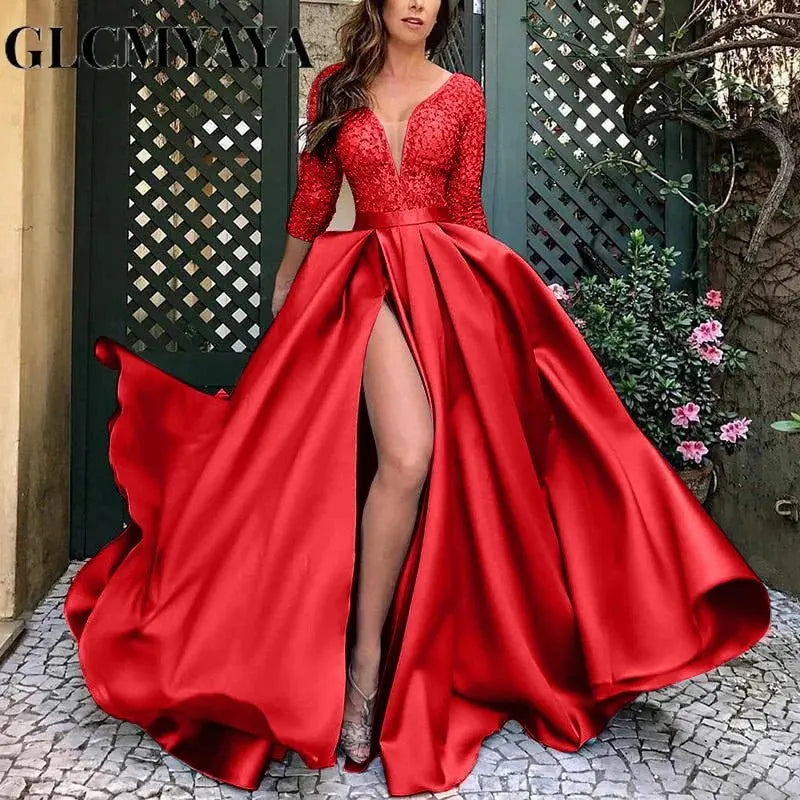 GLCMYAYA - Vestido dividido de costura de encaje delgado para mujer, manga larga, cuello en V, cintura alta, vestido de fiesta, elegante, Otoño, Sexy - SYN PERU