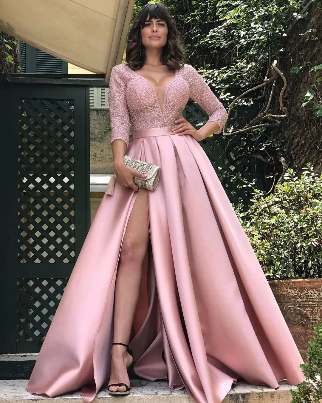 GLCMYAYA - Vestido dividido de costura de encaje delgado para mujer, manga larga, cuello en V, cintura alta, vestido de fiesta, elegante, Otoño, Sexy - SYN PERU
