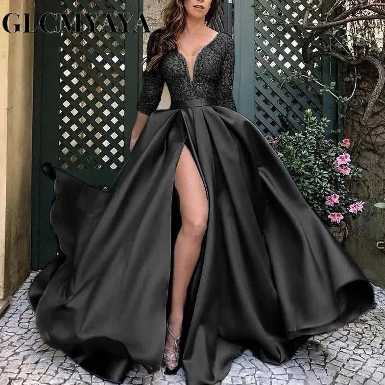 GLCMYAYA - Vestido dividido de costura de encaje delgado para mujer, manga larga, cuello en V, cintura alta, vestido de fiesta, elegante, Otoño, Sexy - SYN PERU