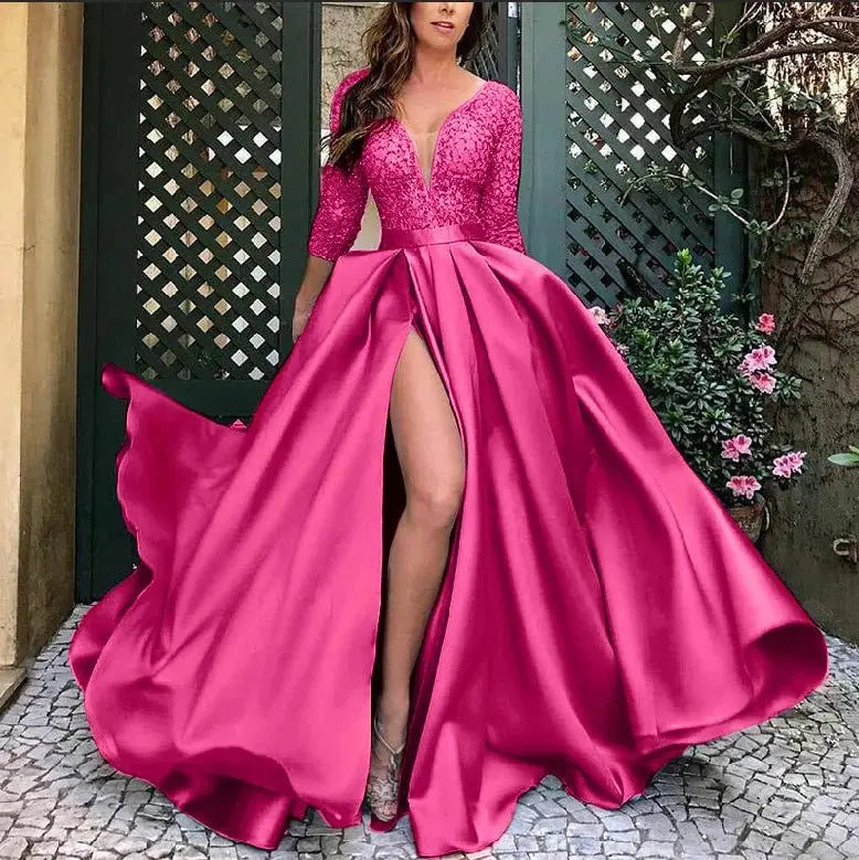 GLCMYAYA - Vestido dividido de costura de encaje delgado para mujer, manga larga, cuello en V, cintura alta, vestido de fiesta, elegante, Otoño, Sexy - SYN PERU