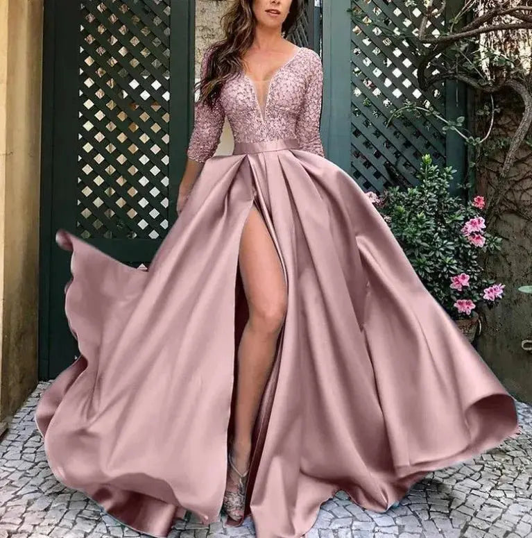 GLCMYAYA - Vestido dividido de costura de encaje delgado para mujer, manga larga, cuello en V, cintura alta, vestido de fiesta, elegante, Otoño, Sexy - SYN PERU