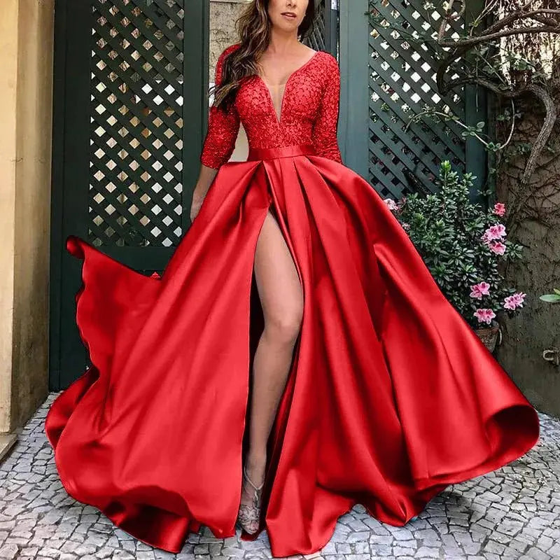 GLCMYAYA - Vestido dividido de costura de encaje delgado para mujer, manga larga, cuello en V, cintura alta, vestido de fiesta, elegante, Otoño, Sexy - SYN PERU