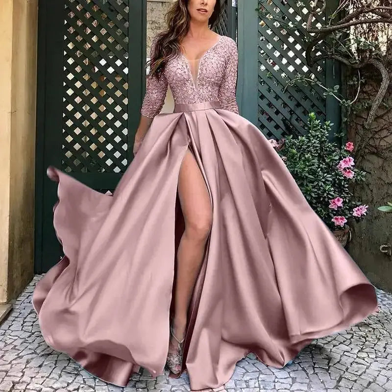 GLCMYAYA - Vestido dividido de costura de encaje delgado para mujer, manga larga, cuello en V, cintura alta, vestido de fiesta, elegante, Otoño, Sexy - SYN PERU