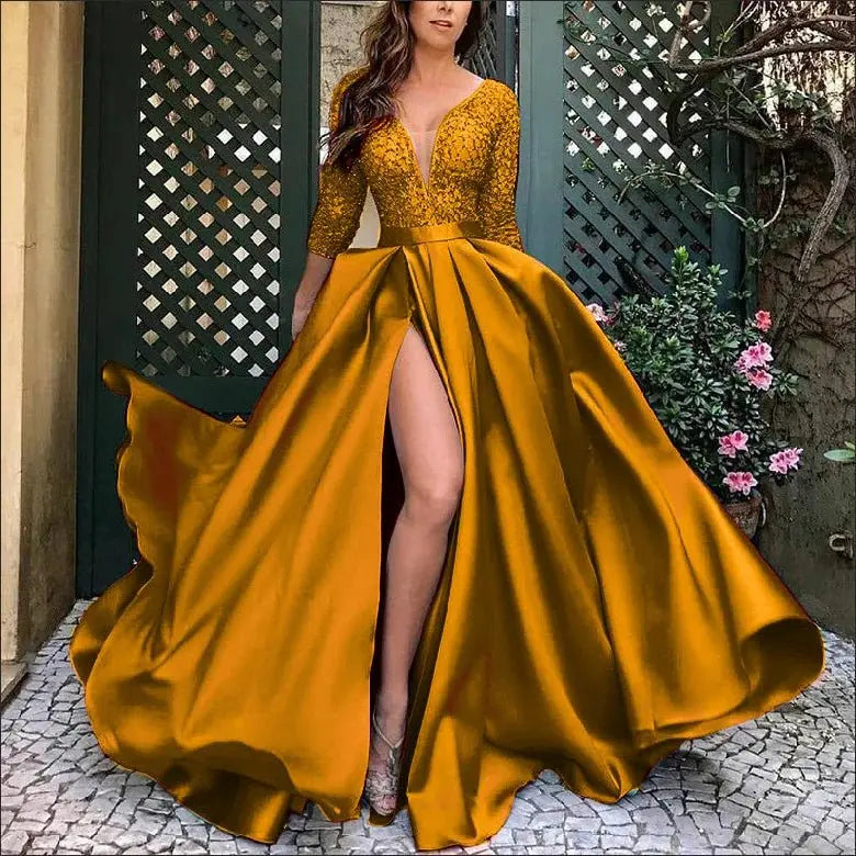 GLCMYAYA - Vestido dividido de costura de encaje delgado para mujer, manga larga, cuello en V, cintura alta, vestido de fiesta, elegante, Otoño, Sexy - SYN PERU