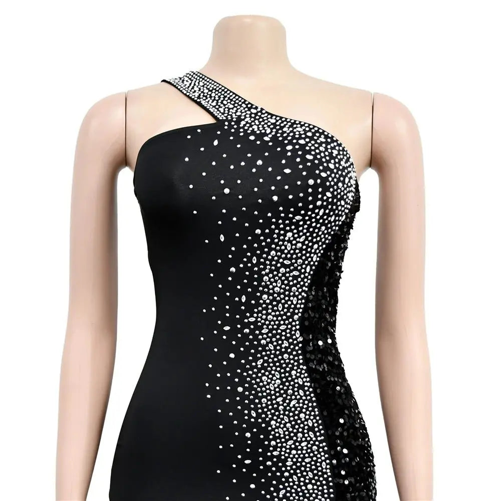 HBLL Vestido largo sexi con un hombro para mujer, elegante, con diamantes de imitación, para cumpleaños, con abertura, brillante, perforación en caliente, ceñido al cuerpo, para fiesta nocturna y discoteca - SYN PERU