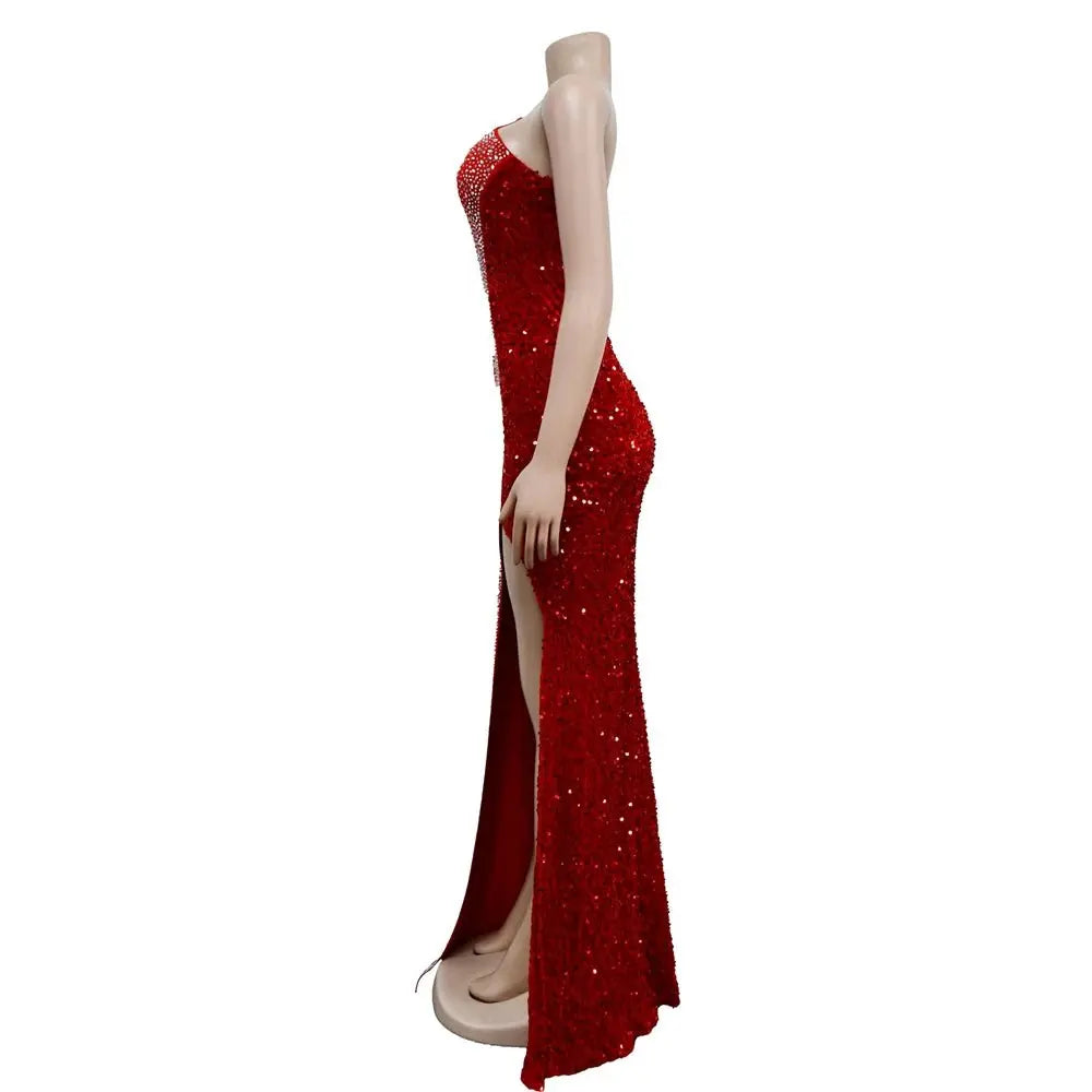 HBLL Vestido largo sexi con un hombro para mujer, elegante, con diamantes de imitación, para cumpleaños, con abertura, brillante, perforación en caliente, ceñido al cuerpo, para fiesta nocturna y discoteca - SYN PERU