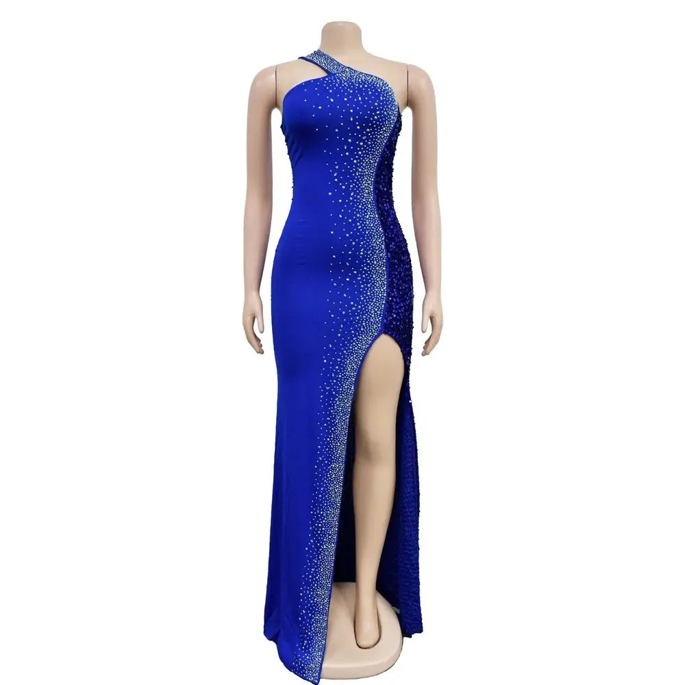 HBLL Vestido largo sexi con un hombro para mujer, elegante, con diamantes de imitación, para cumpleaños, con abertura, brillante, perforación en caliente, ceñido al cuerpo, para fiesta nocturna y discoteca - SYN PERU