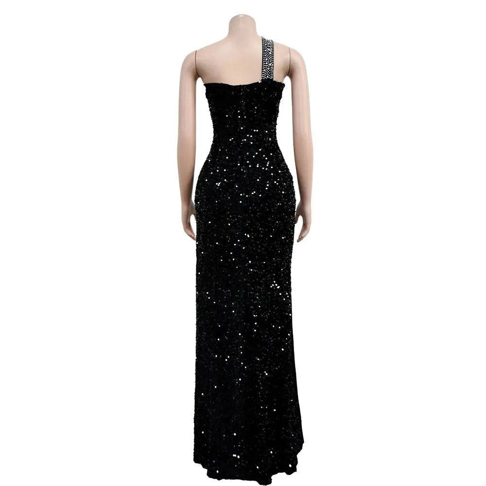 HBLL Vestido largo sexi con un hombro para mujer, elegante, con diamantes de imitación, para cumpleaños, con abertura, brillante, perforación en caliente, ceñido al cuerpo, para fiesta nocturna y discoteca - SYN PERU