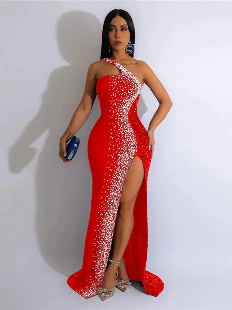 HBLL Vestido largo sexi con un hombro para mujer, elegante, con diamantes de imitación, para cumpleaños, con abertura, brillante, perforación en caliente, ceñido al cuerpo, para fiesta nocturna y discoteca - SYN PERU