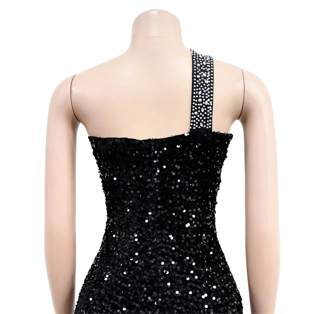 HBLL Vestido largo sexi con un hombro para mujer, elegante, con diamantes de imitación, para cumpleaños, con abertura, brillante, perforación en caliente, ceñido al cuerpo, para fiesta nocturna y discoteca - SYN PERU
