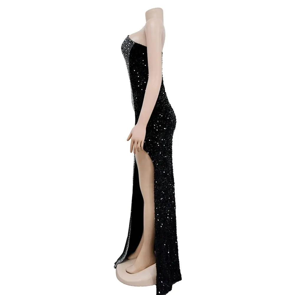 HBLL Vestido largo sexi con un hombro para mujer, elegante, con diamantes de imitación, para cumpleaños, con abertura, brillante, perforación en caliente, ceñido al cuerpo, para fiesta nocturna y discoteca - SYN PERU