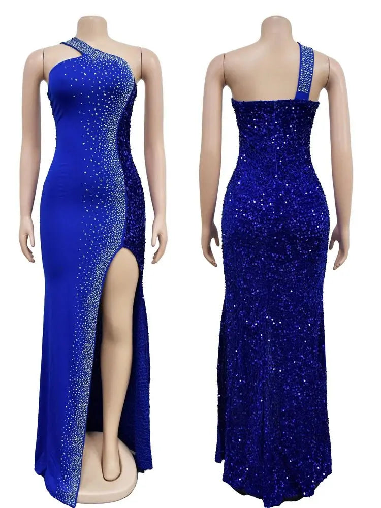 HBLL Vestido largo sexi con un hombro para mujer, elegante, con diamantes de imitación, para cumpleaños, con abertura, brillante, perforación en caliente, ceñido al cuerpo, para fiesta nocturna y discoteca - SYN PERU