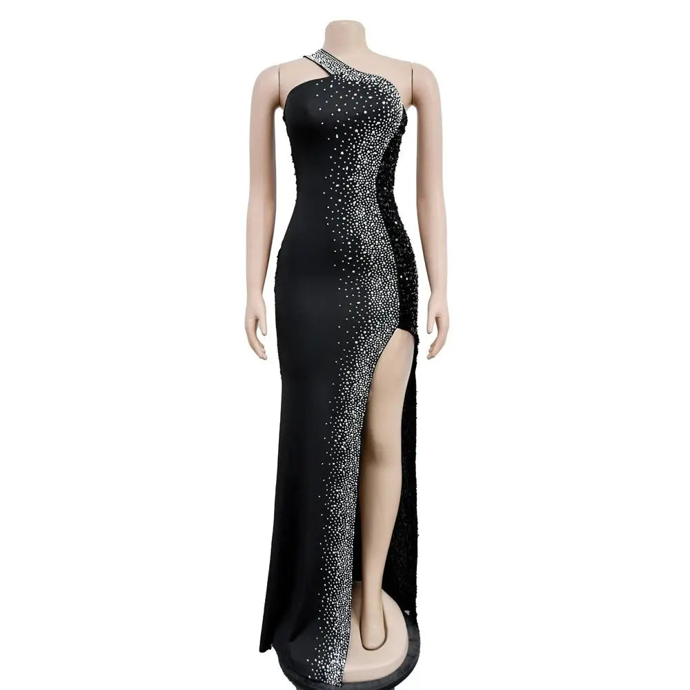HBLL Vestido largo sexi con un hombro para mujer, elegante, con diamantes de imitación, para cumpleaños, con abertura, brillante, perforación en caliente, ceñido al cuerpo, para fiesta nocturna y discoteca - SYN PERU
