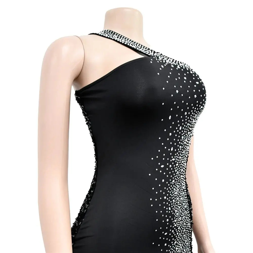 HBLL Vestido largo sexi con un hombro para mujer, elegante, con diamantes de imitación, para cumpleaños, con abertura, brillante, perforación en caliente, ceñido al cuerpo, para fiesta nocturna y discoteca - SYN PERU