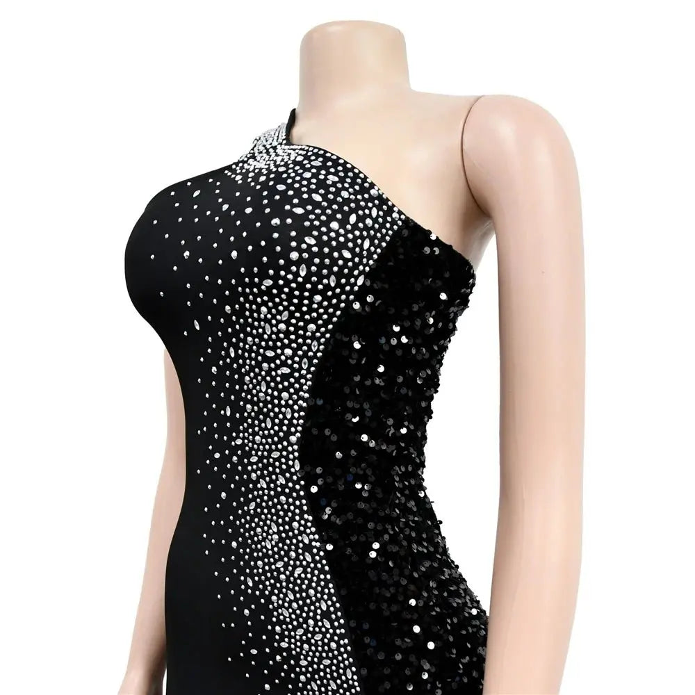 HBLL Vestido largo sexi con un hombro para mujer, elegante, con diamantes de imitación, para cumpleaños, con abertura, brillante, perforación en caliente, ceñido al cuerpo, para fiesta nocturna y discoteca - SYN PERU