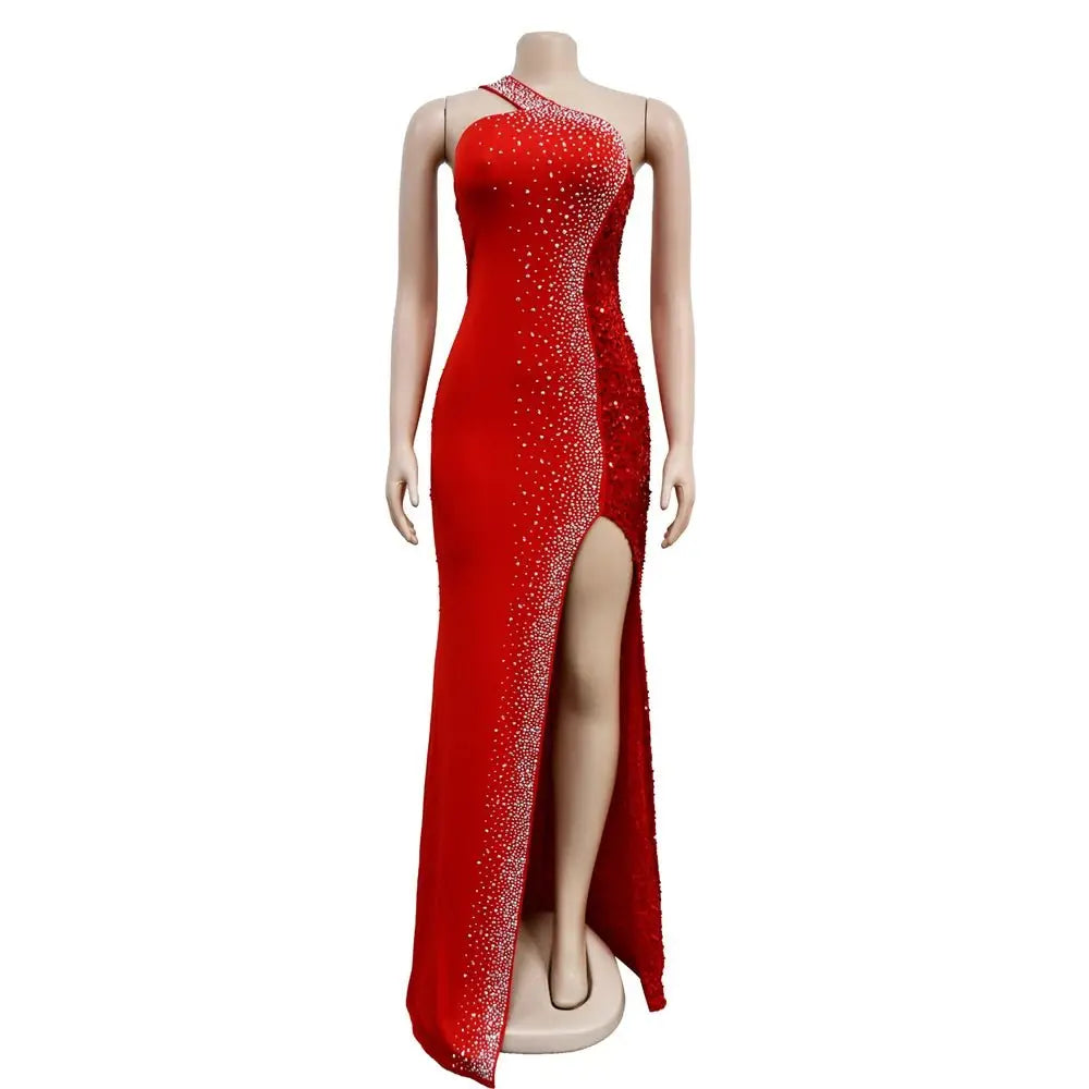 HBLL Vestido largo sexi con un hombro para mujer, elegante, con diamantes de imitación, para cumpleaños, con abertura, brillante, perforación en caliente, ceñido al cuerpo, para fiesta nocturna y discoteca - SYN PERU