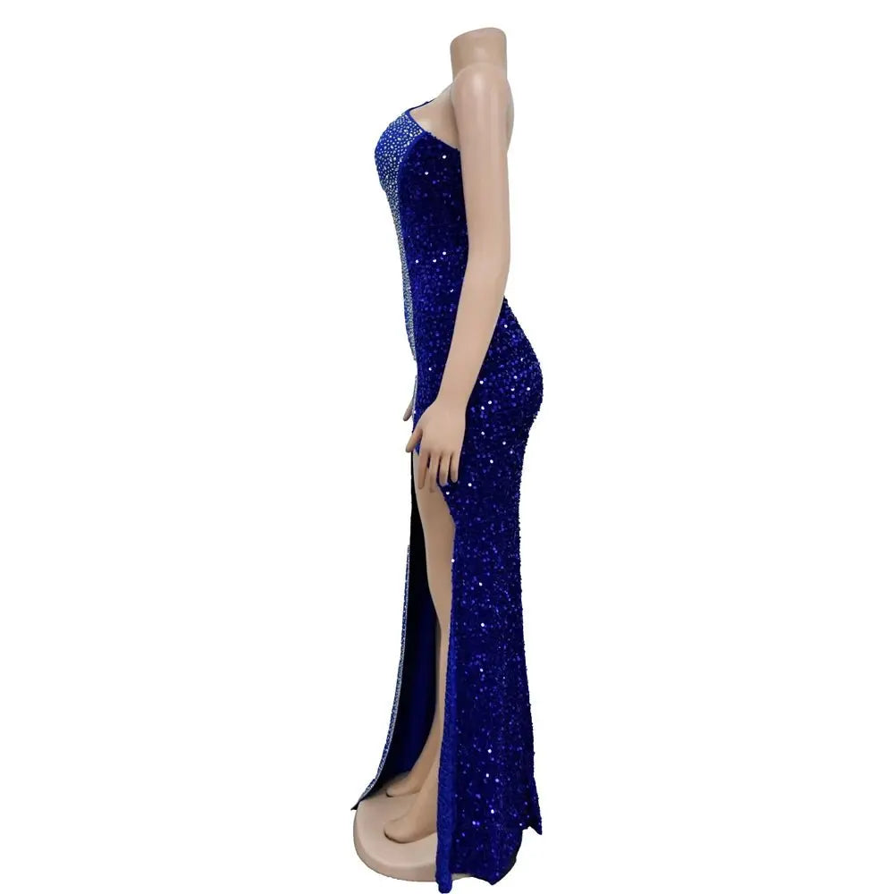 HBLL Vestido largo sexi con un hombro para mujer, elegante, con diamantes de imitación, para cumpleaños, con abertura, brillante, perforación en caliente, ceñido al cuerpo, para fiesta nocturna y discoteca - SYN PERU