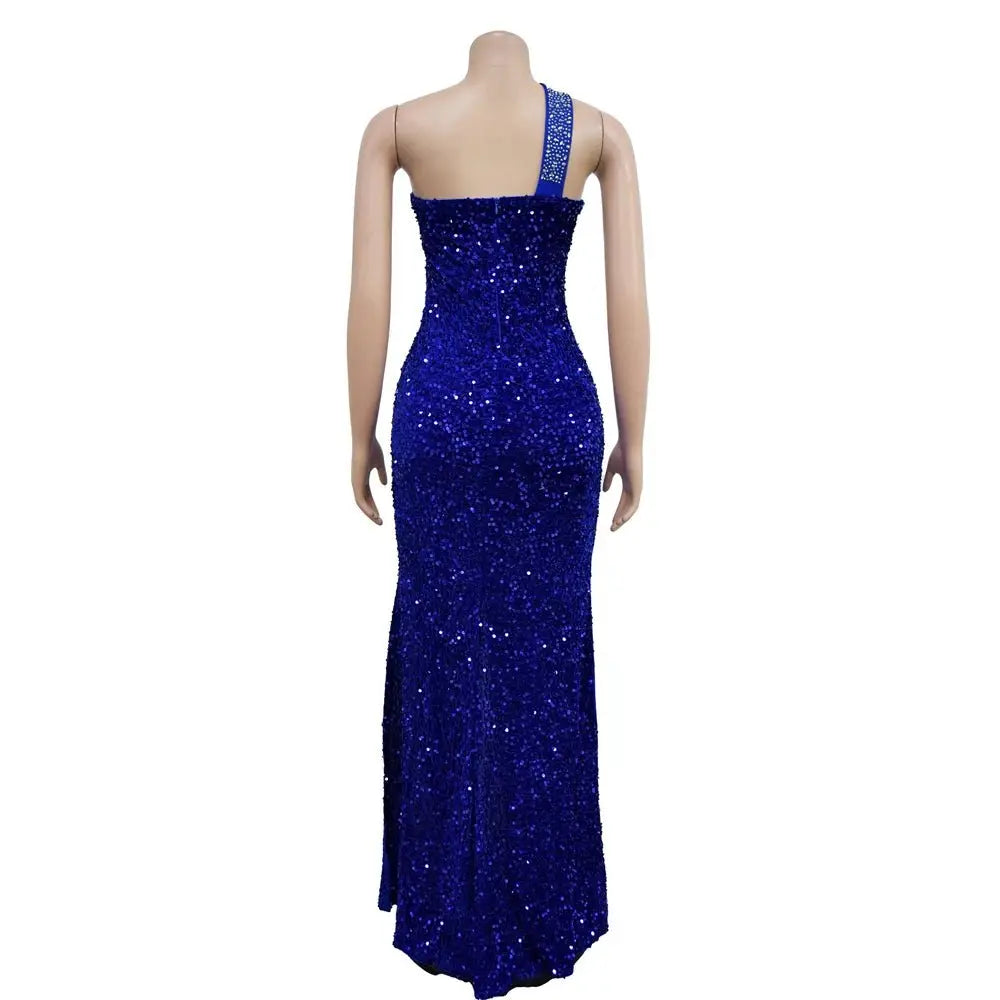 HBLL Vestido largo sexi con un hombro para mujer, elegante, con diamantes de imitación, para cumpleaños, con abertura, brillante, perforación en caliente, ceñido al cuerpo, para fiesta nocturna y discoteca - SYN PERU