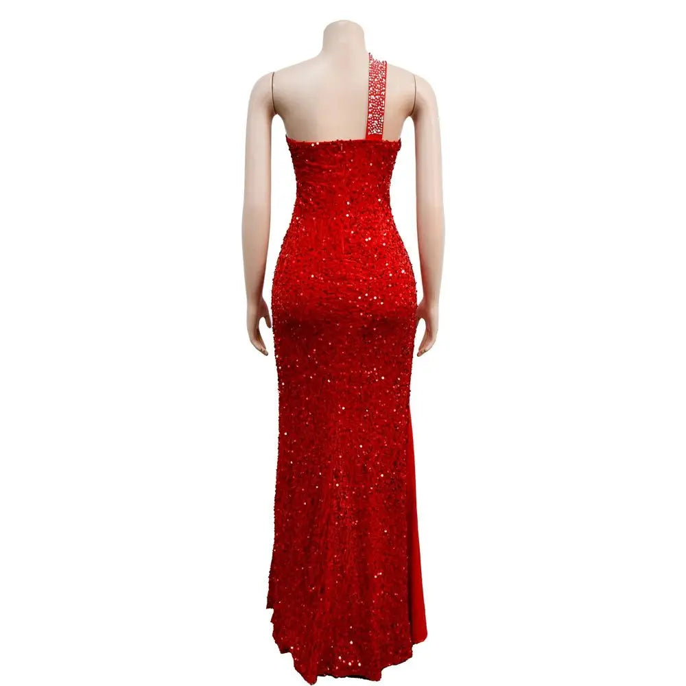 HBLL Vestido largo sexi con un hombro para mujer, elegante, con diamantes de imitación, para cumpleaños, con abertura, brillante, perforación en caliente, ceñido al cuerpo, para fiesta nocturna y discoteca - SYN PERU