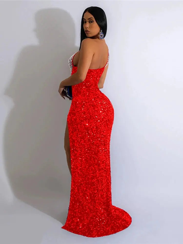 HBLL Vestido largo sexi con un hombro para mujer, elegante, con diamantes de imitación, para cumpleaños, con abertura, brillante, perforación en caliente, ceñido al cuerpo, para fiesta nocturna y discoteca - SYN PERU