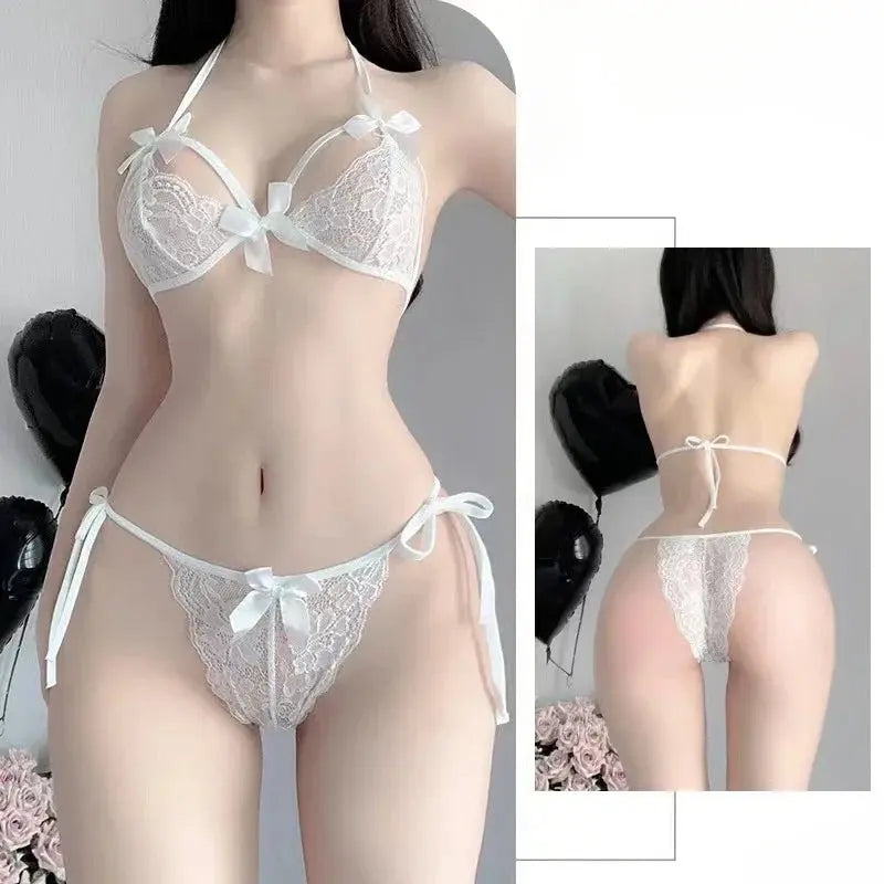 Lencería cómoda ultrafina con cordones románticos para chica con lazo, medias tentadoras sexis, sujetador recogido, bragas, conjunto de ropa de dormir femenina - SYN PERU