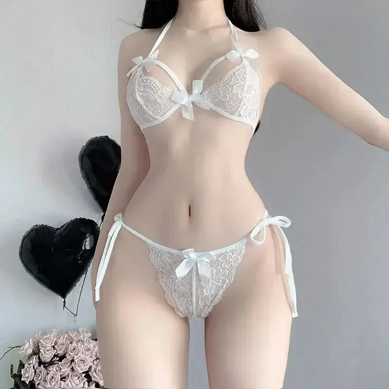 Lencería cómoda ultrafina con cordones románticos para chica con lazo, medias tentadoras sexis, sujetador recogido, bragas, conjunto de ropa de dormir femenina - SYN PERU