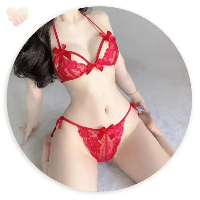 Lencería cómoda ultrafina con cordones románticos para chica con lazo, medias tentadoras sexis, sujetador recogido, bragas, conjunto de ropa de dormir femenina - SYN PERU