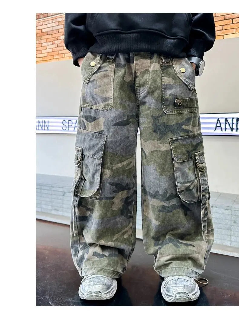 Nuevos pantalones Cargo de camuflaje con múltiples bolsillos y estilo de otoño para niños y adolescentes, pantalones holgados informales Harajuku Hip Hop y2k 5 - 14 T - SYN PERU