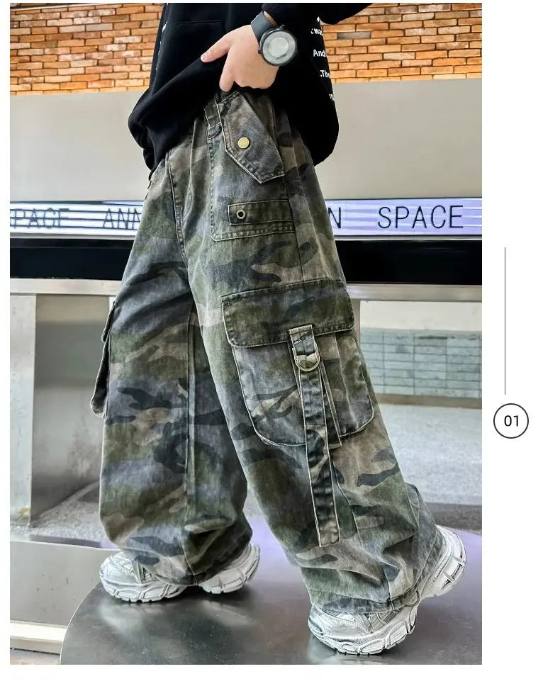 Nuevos pantalones Cargo de camuflaje con múltiples bolsillos y estilo de otoño para niños y adolescentes, pantalones holgados informales Harajuku Hip Hop y2k 5 - 14 T - SYN PERU