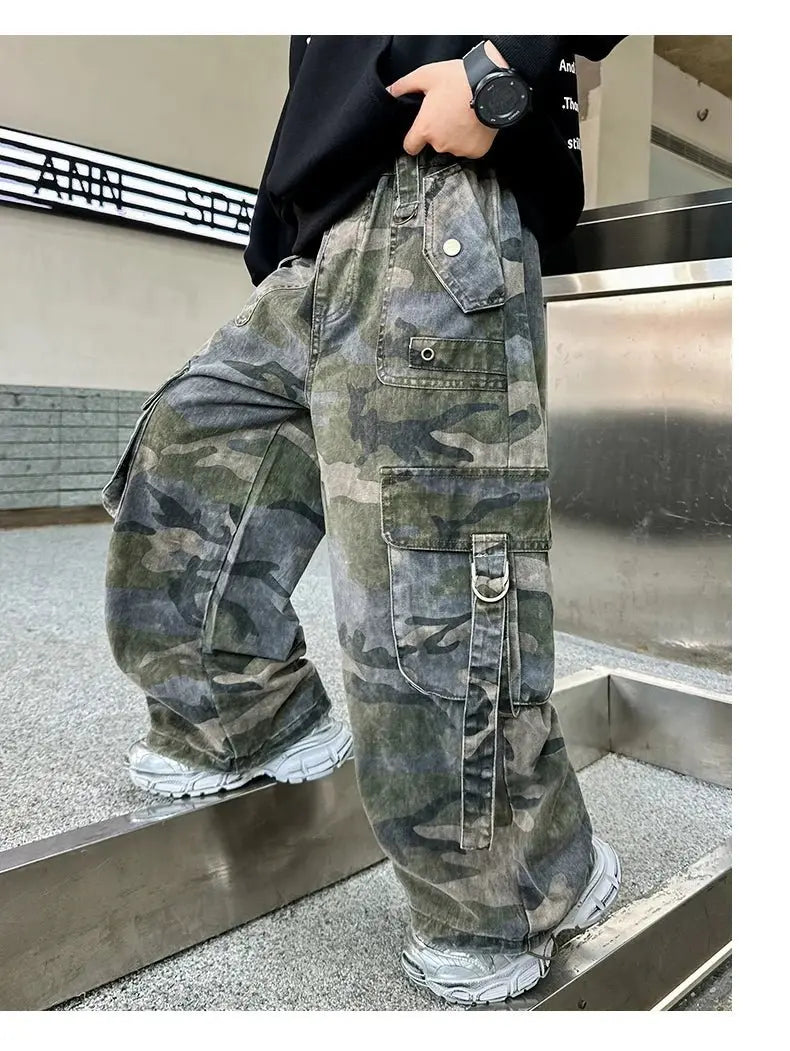 Nuevos pantalones Cargo de camuflaje con múltiples bolsillos y estilo de otoño para niños y adolescentes, pantalones holgados informales Harajuku Hip Hop y2k 5 - 14 T - SYN PERU
