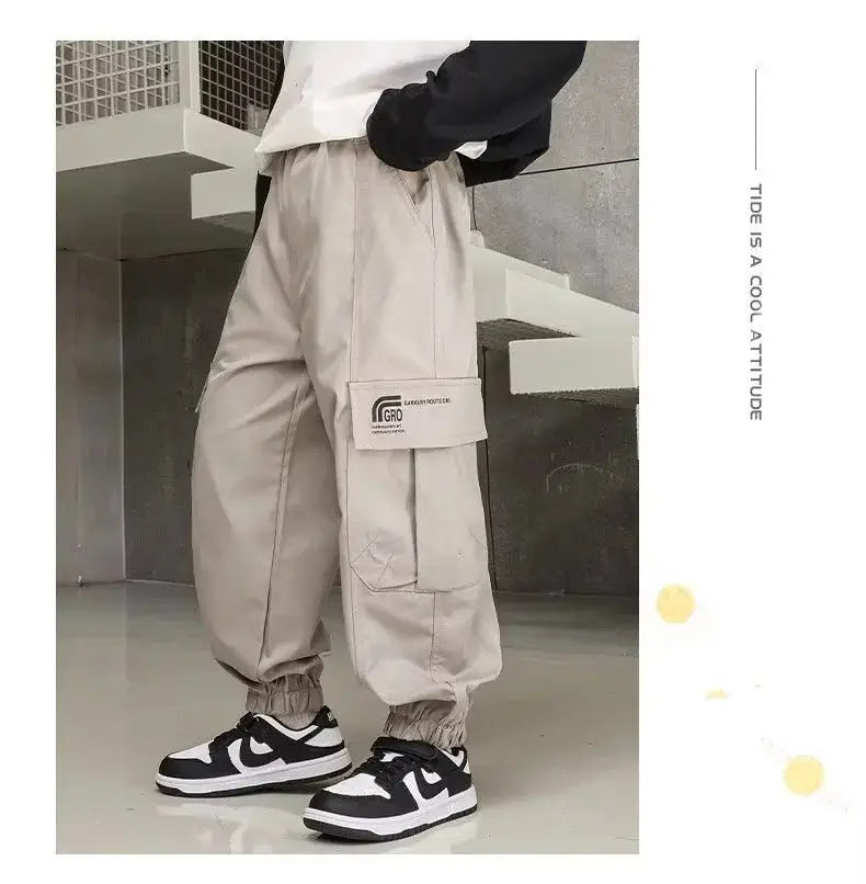 Nuevos pantalones Cargo para niños, pantalones de algodón 120 - 170, ropa de otoño para niños grandes, pantalones deportivos, ropa coreana para niños 2025 - SYN PERU