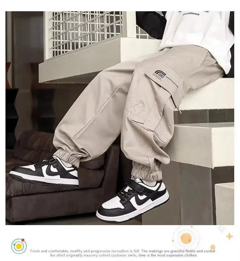 Nuevos pantalones Cargo para niños, pantalones de algodón 120 - 170, ropa de otoño para niños grandes, pantalones deportivos, ropa coreana para niños 2025 - SYN PERU