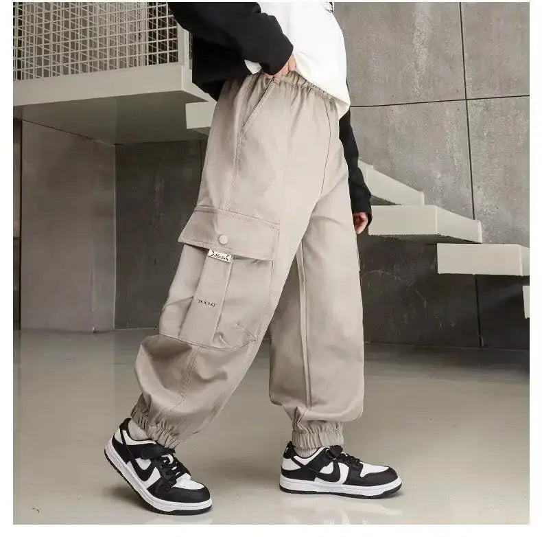 Nuevos pantalones Cargo para niños, pantalones de algodón 120 - 170, ropa de otoño para niños grandes, pantalones deportivos, ropa coreana para niños 2025 - SYN PERU