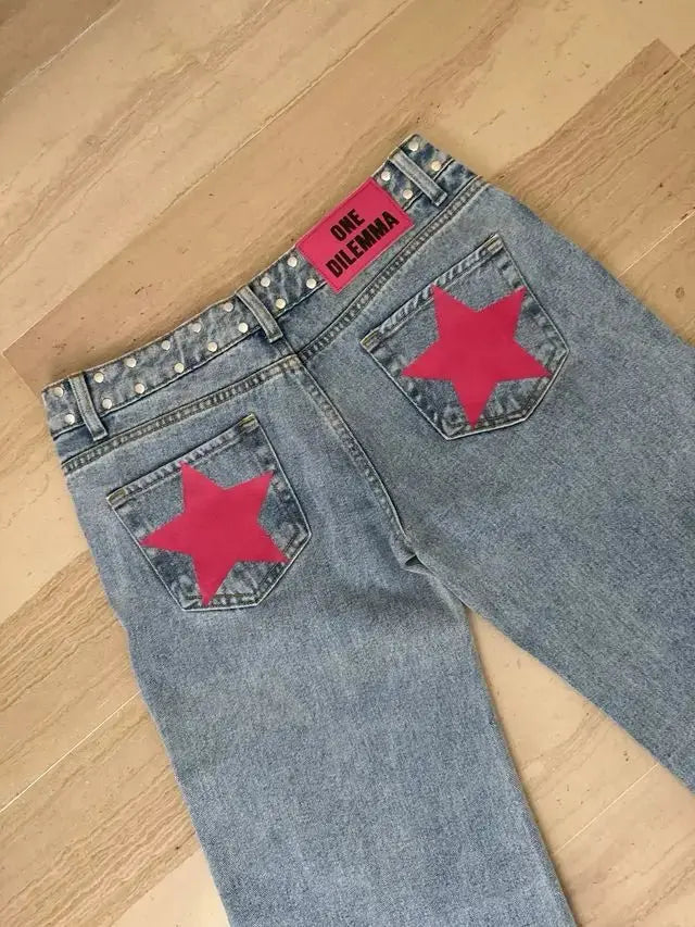 ONE DILEMMA - pantalones vaqueros holgados con diseño de estrellas para mujer, Vaqueros holgados de pierna ancha, ropa de calle Harajuku, Vaqueros rectos de cintura alta, ropa Y2k - SYN PERU
