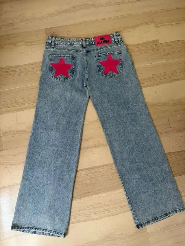 ONE DILEMMA - pantalones vaqueros holgados con diseño de estrellas para mujer, Vaqueros holgados de pierna ancha, ropa de calle Harajuku, Vaqueros rectos de cintura alta, ropa Y2k - SYN PERU