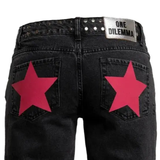 ONE DILEMMA - pantalones vaqueros holgados con diseño de estrellas para mujer, Vaqueros holgados de pierna ancha, ropa de calle Harajuku, Vaqueros rectos de cintura alta, ropa Y2k - SYN PERU