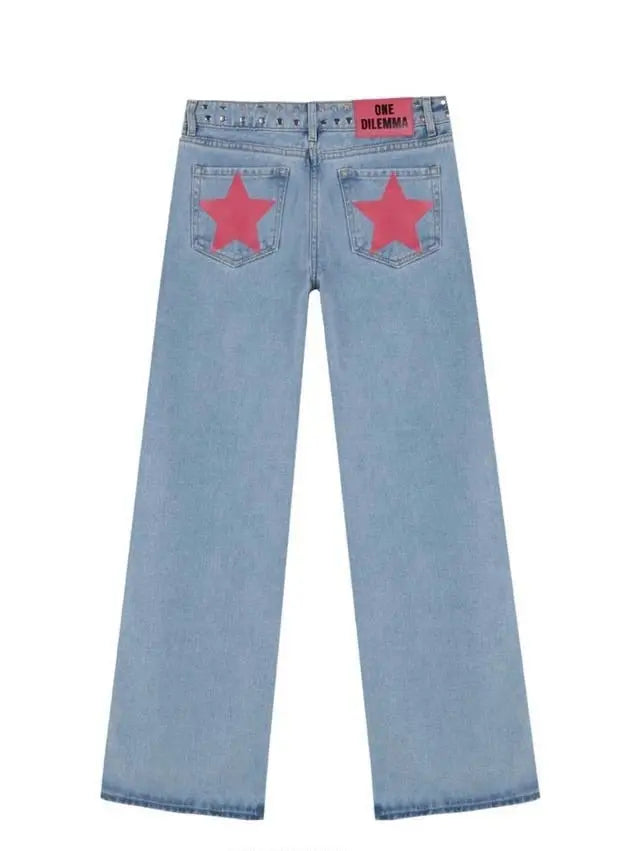 ONE DILEMMA - pantalones vaqueros holgados con diseño de estrellas para mujer, Vaqueros holgados de pierna ancha, ropa de calle Harajuku, Vaqueros rectos de cintura alta, ropa Y2k - SYN PERU