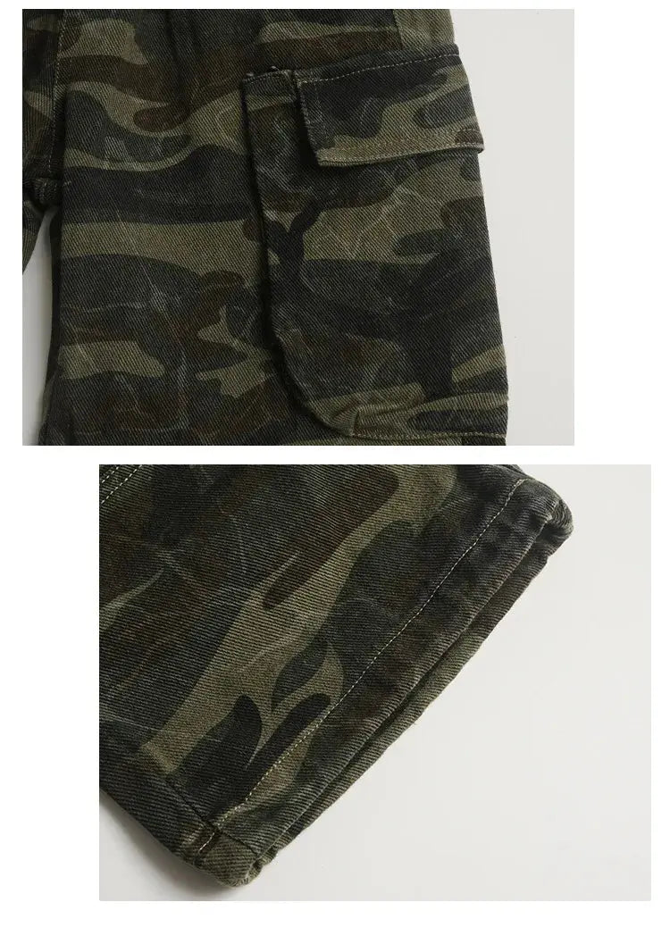 Otoño nuevos niños guapos pantalones casuales de pierna ancha 2025 ropa para niños niños moda todo fósforo pantalones Cargo de camuflaje - SYN PERU
