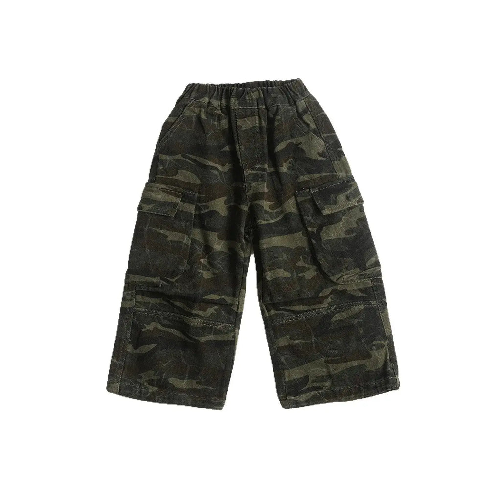 Otoño nuevos niños guapos pantalones casuales de pierna ancha 2025 ropa para niños niños moda todo fósforo pantalones Cargo de camuflaje - SYN PERU