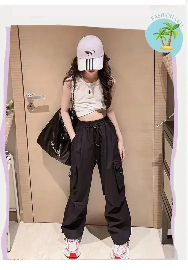 Pantalones Cargo a la moda para niños y niñas de 6 a 12 años primavera otoño 2024 nuevo estilo Jazzy Street Dance Bell Bottoms pantalones para niños - SYN PERU