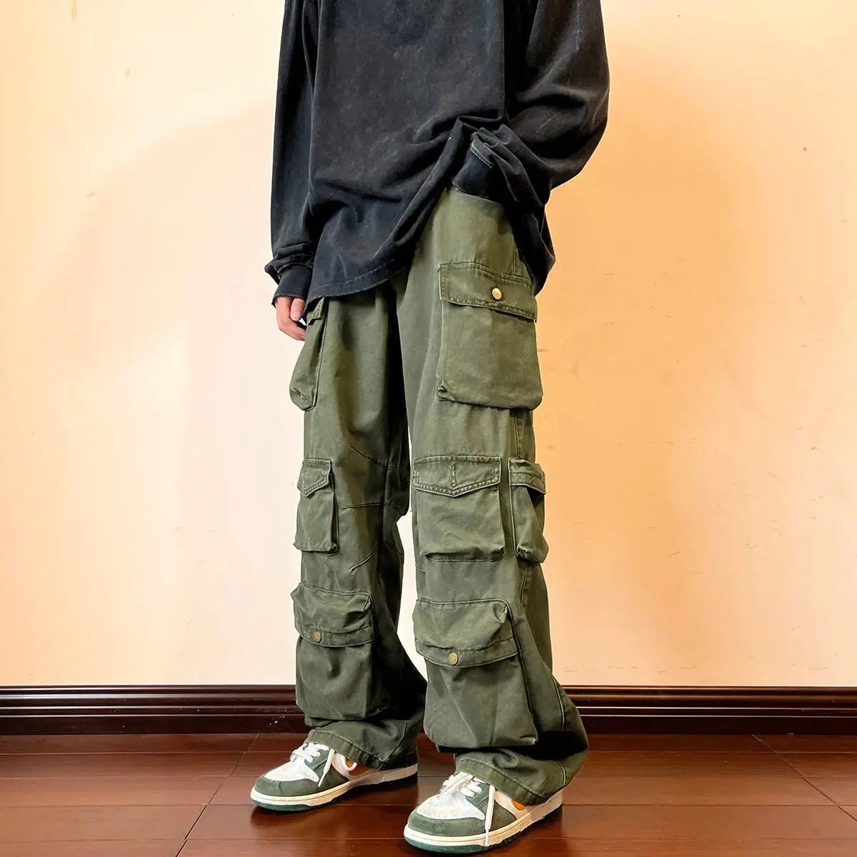 Pantalones Cargo con múltiples bolsillos para hombre, pantalón de herramientas Harajuku, pantalones de pierna ancha holgados Vintage, ropa de calle informal, pantalones de fregado de Hip - hop - SYN PERU