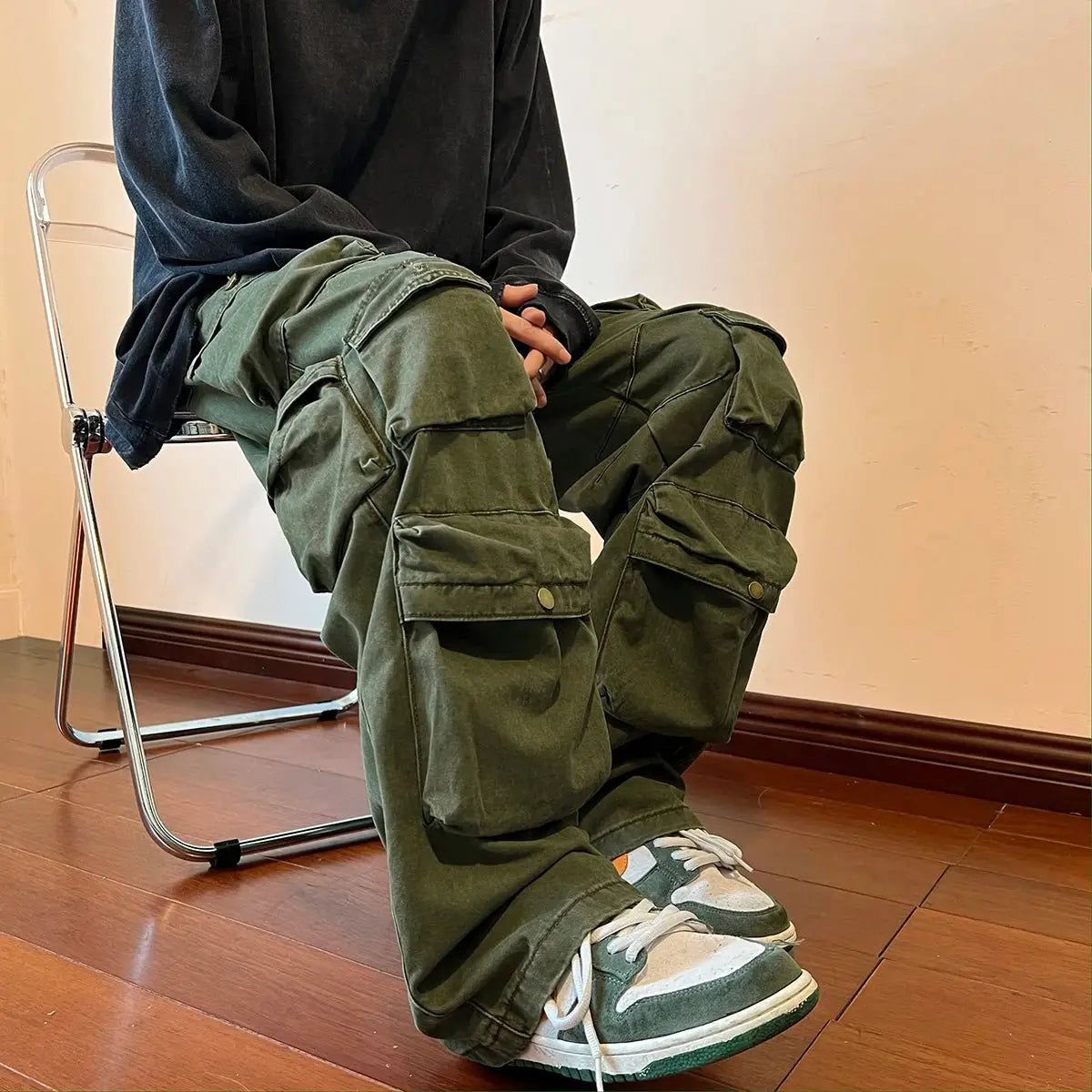 Pantalones Cargo con múltiples bolsillos para hombre, pantalón de herramientas Harajuku, pantalones de pierna ancha holgados Vintage, ropa de calle informal, pantalones de fregado de Hip - hop - SYN PERU